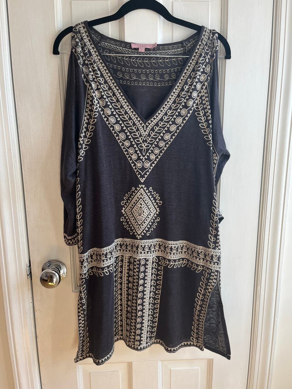 Calypso St. Barth Linen Grey Embroidered Tunic Dress Medium - Boho Resort